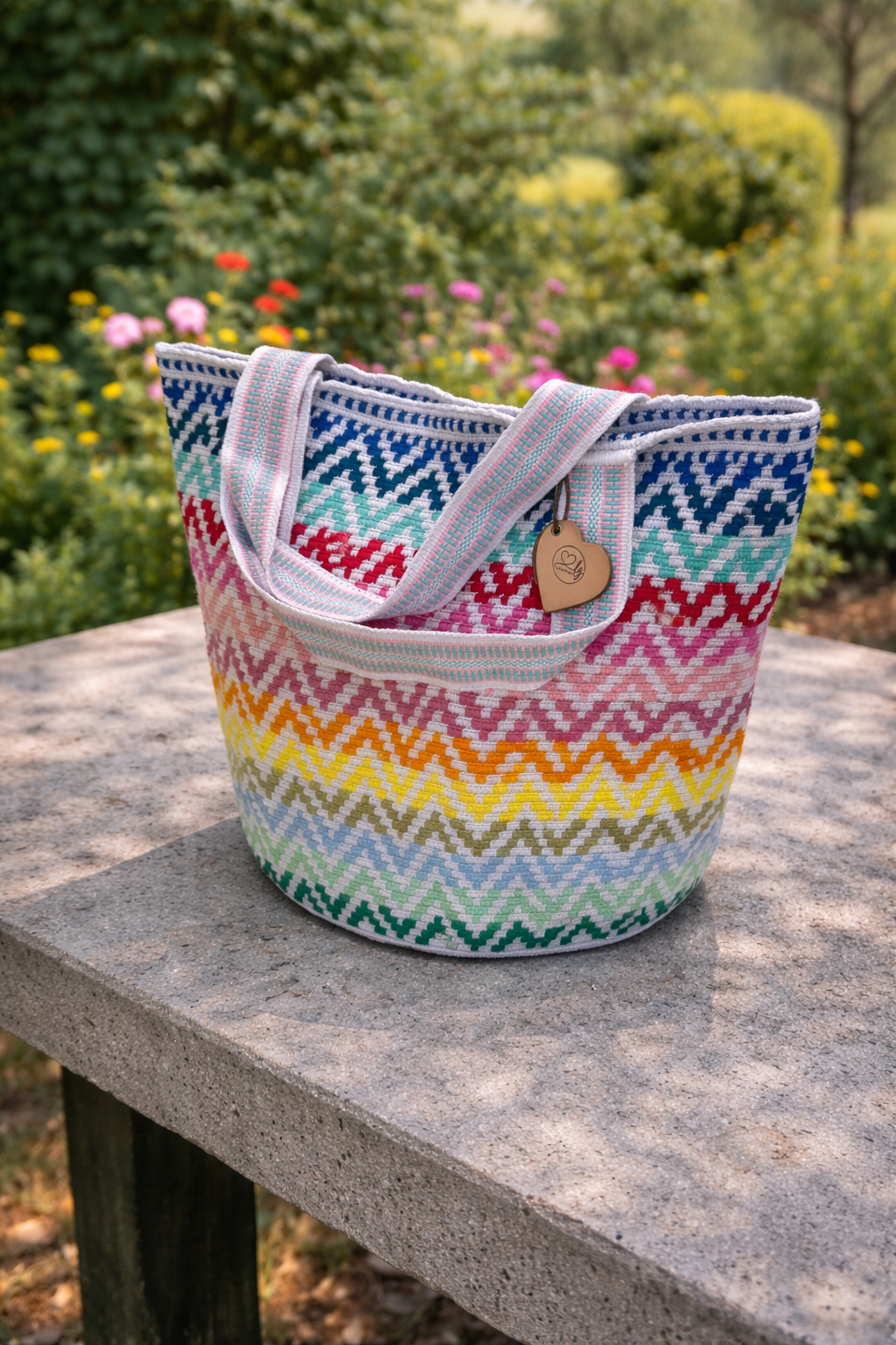 Handgemaakte Wayuu strandtas van LolaGrace, geweven door Wayuu artisans in La Guajira, Colombia