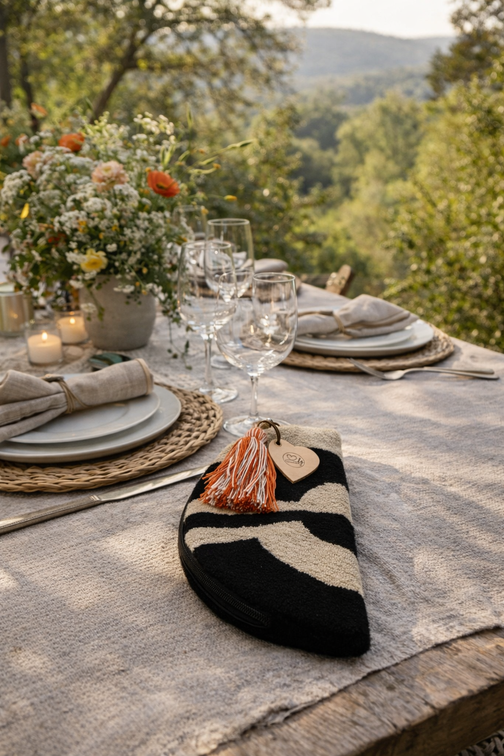 Wayuu clutch Aura stijlvol gepresenteerd tijdens een zomerse setting, perfect voor een elegante en ontspannen look