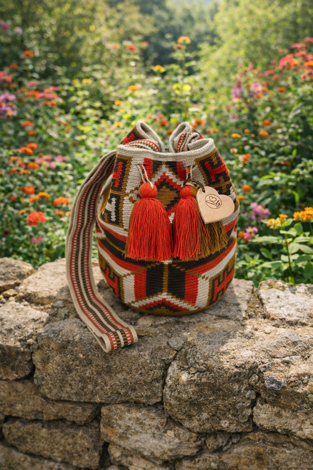 Wayuu tas Leidy met levendig patroon in warme tinten, stijlvol gepresenteerd in een bloeiende buitenomgeving
