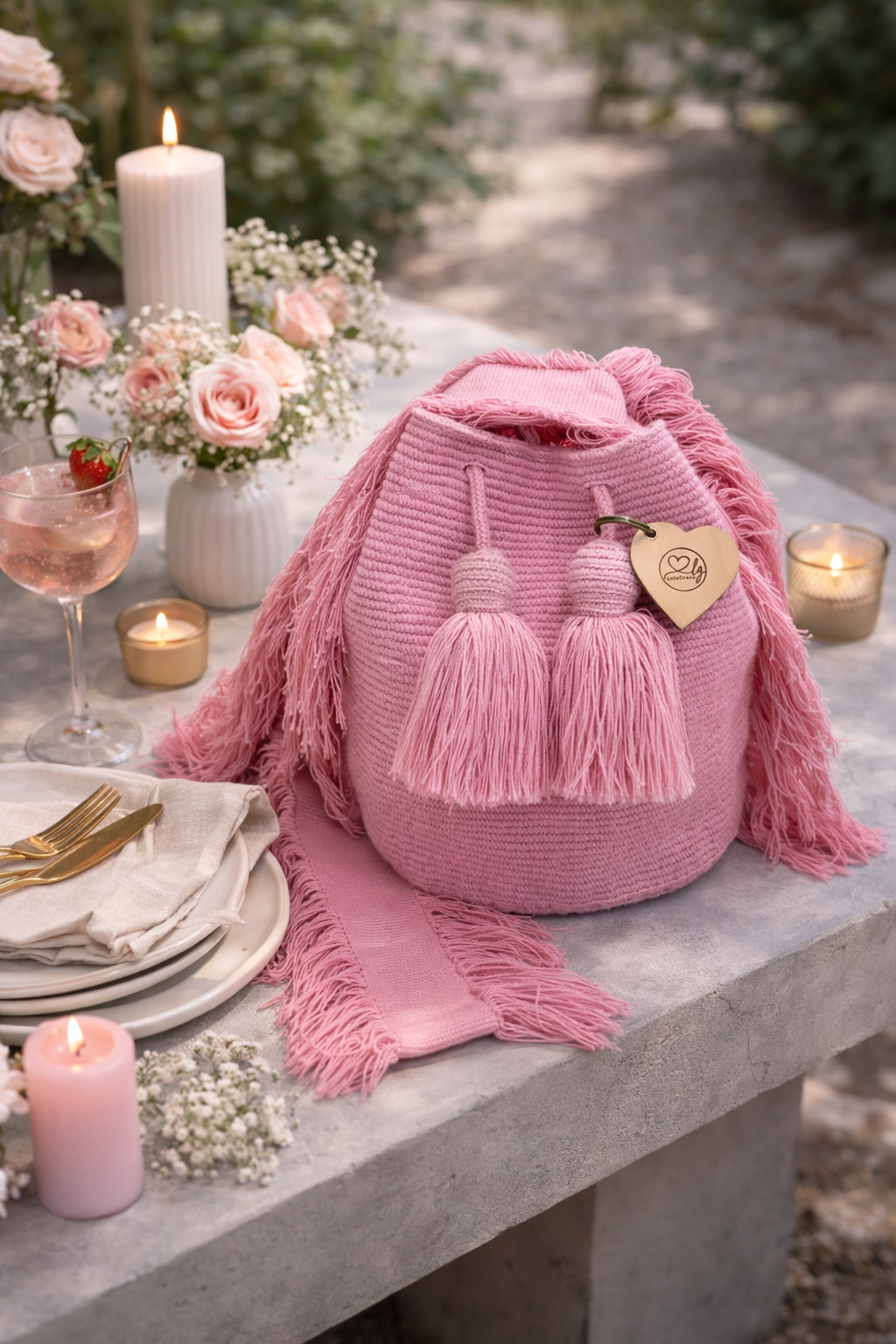 Zachtroze Wayuu tas Beatriz Large van LolaGrace op stijlvolle tafelsetting met bloemen en kaarsen, elegante bohemian handtas met ambachtelijk karakter.