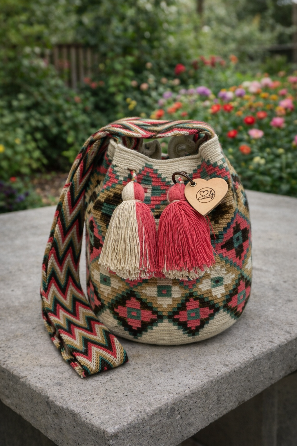 Handgemaakte Wayuu tas Claudia Large van LolaGrace met kleurrijk geometrisch patroon op betonnen tafel in een bloeiende tuin.