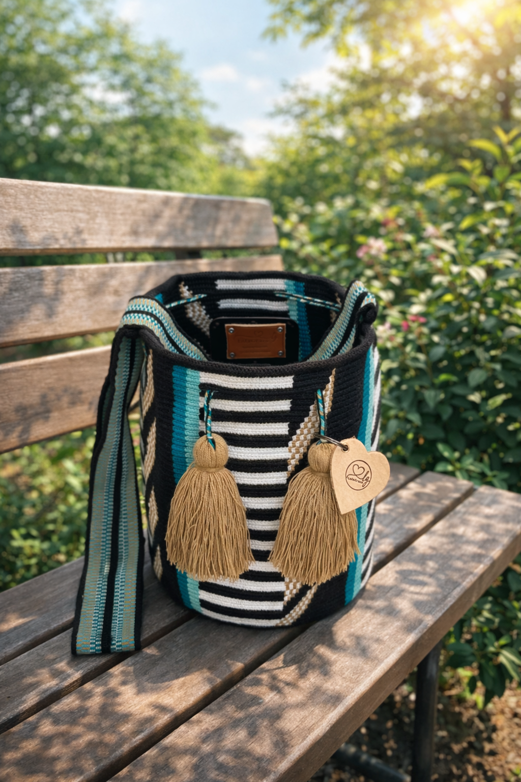 Luz Adriana large Wayuu mochila tas van LolaGrace handgemaakt in Colombia met zwart wit patroon, turquoise strepen en beige kwasten op houten bank in tuin