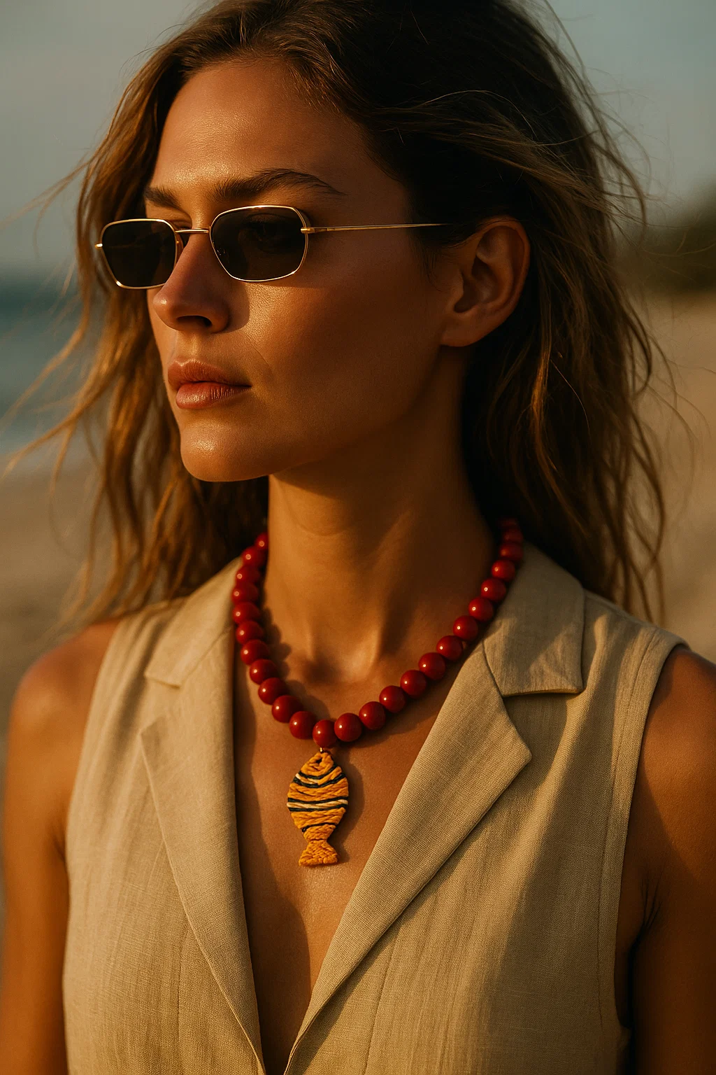 Handgemaakte vis kettingbedel van gevlochten Werregué-palm hangend aan een ketting met rode kralen en bronzen sluiting verguld met 24 karaat goud